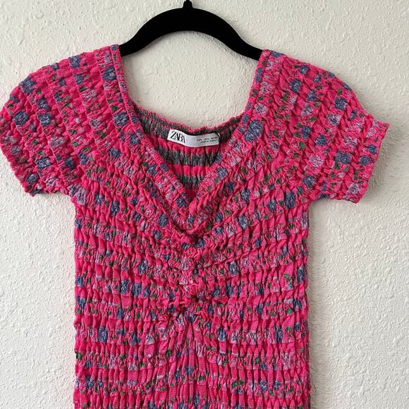ZARA Knit Pink Floral Ruched Body Con Mini Dress Size Large - Picture 4 of 7